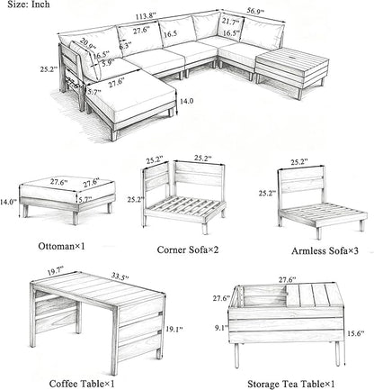VilroCaz 8-Piece Acacia Wood Outdoor Patio Sofa Set, Modular Sectional Furniture Set with Storage Tea Table, Coffee Table, All-Weather Conversation Set with Cushions for Backyard Poolside