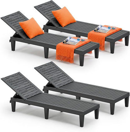 Outdoor Chaise Lounge Chairs Set of 4, 5-Position Adjustable Heavy Duty Tanning Loungers with Wood Texture, All-Weather Resin Patio Recliners for Pool, Garden, Deck, Beach, Black