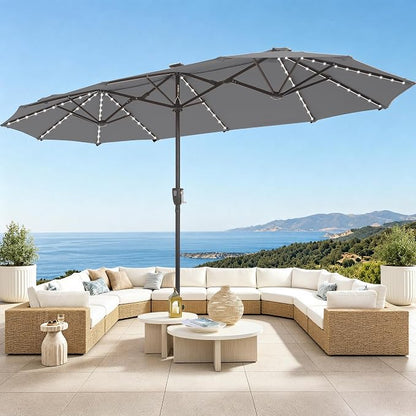 PHI VILLA 13ft Patio Umbrella w/ 120 PCS Color Changing Solar Lights, Grey | Outdoor Triple-Head Large Rectangle/Rectangular Solar-powered Market Table Umbrellas, w/ Crank Lift, for Poolside(No base)