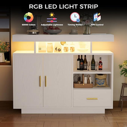 IRONCK Buffet Cabinet with Storage, Sideboard Cabinet with Outlet, White | Power Outlet with 3 AC Outlets and 2 USB Ports. Drawer, Door and Open Shelves. 60,000-color LED. Cable Management Hole.