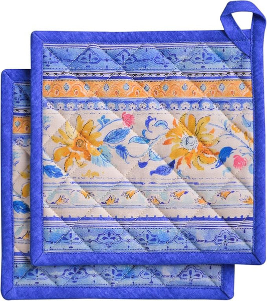 Maison d' Hermine Pot Holders 100% Cotton Heat Resistant Potholders 8" x 8" Hot Pads with Loop BBQ Cooking Baking Hotel Farmhouse Kitchen Handling Hot Pans Spring Summer (Pack of 2, Girassol)