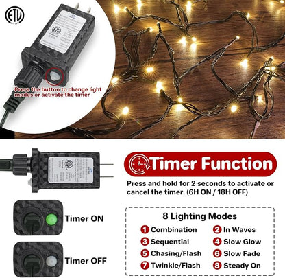 66FT 200 LED Connectable Christmas Tree Lights, End-to-End Plug 8 Modes Indoor Lights with Timer, Outdoor Indoor Fairy Lights Christmas Tree, Patio, Garden, Party, Wedding, Holiday (Warm White)