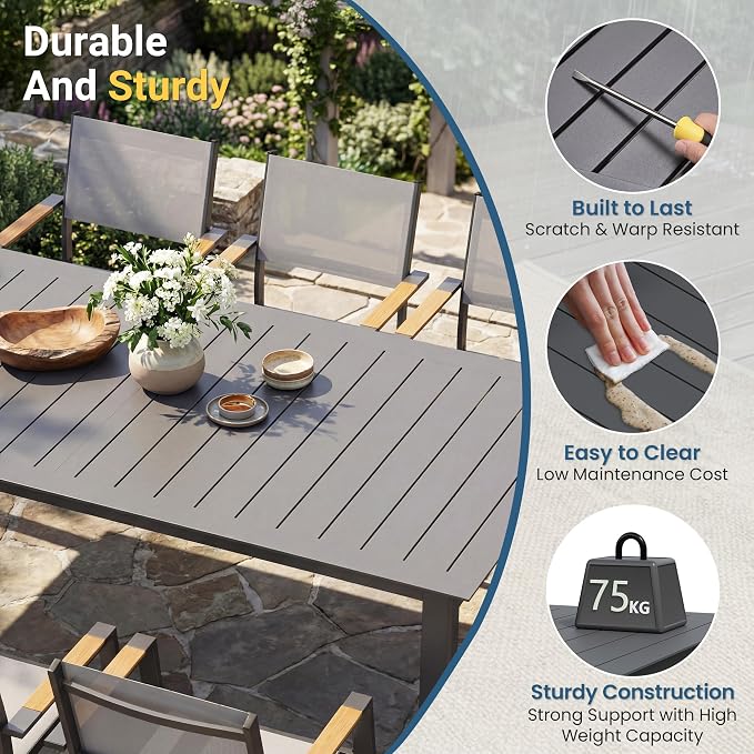 FansaFurn Patio Furniture Set with 121" Extendable Dining Table, Patio Table Set for 4–12 People, All-Weather Aluminum Outdoor Furniture, Outdoor Dining Set for Backyard, Porch, and Garde, Grey