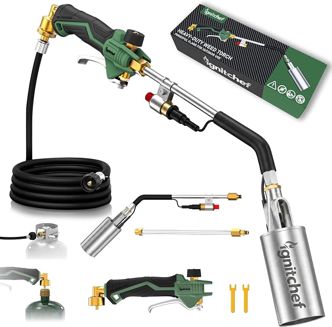 Propane Torch Weed Torch Kit Heavy Duty-340,000 BTU Weed Burner with 2 Extension Modes, Piezo Trigger(Self Igniting)&12.5ft Hose, Multi-Fuel Compatible(1lb-100lb) for Weeds, Ice Melting