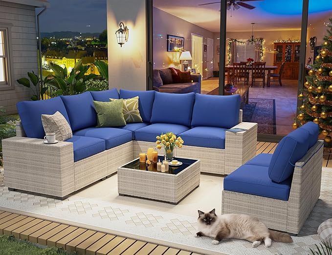 olimix 8 Piece Outdoor Patio Furniture Set, Outdoor Sectional Furniture, Rattan & Wicker Modern Modular Conversation Set Sofa Couch W/Water Resistant Washable Thick Cushions and Coffee Table, Blue