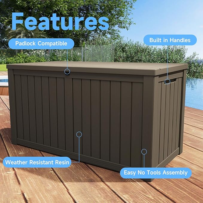 Pepe Tee Waterproof Resin Deck Box, Outdoor Storage Bin for Patio Furniture Cushions, All-Weather Garden Organizer & Seating Bench, Coffee