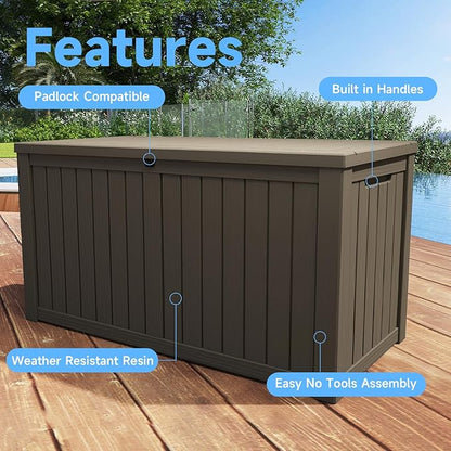 Pepe Tee Waterproof Resin Deck Box, Outdoor Storage Bin for Patio Furniture Cushions, All-Weather Garden Organizer & Seating Bench, Coffee