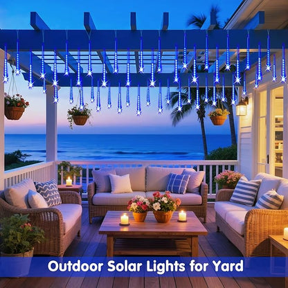 JMEXSUSS Solar Lights for Outdoor Decor, 8 Tube 144 LEDs Solar Meteor Shower Lights Outdoor, Hanging Blue Christmas Lights for Tree Yard Icicle Garden Patio Gazebo Eaves Front Porch Decor