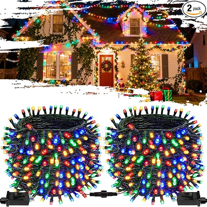 2-Pack Connectable Christmas Lights Outdoor, Total 164FT 400LED Christmas String Lights Waterproof with 8 Modes & Timer, Green Wire Twinkle Lights for Xmas Tree Decorations Outdoor Indoor, Multicolor