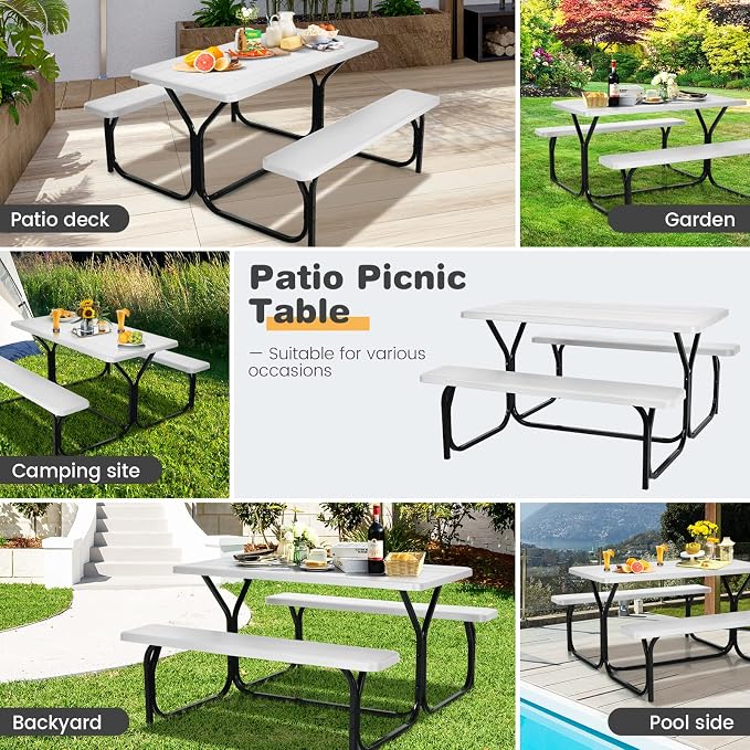 COSTWAY Outdoor Picnic Table, HDPE Plastic Picnic Table Bench Set | Weather Resistant Tabletop & Wood Texture, Ideal for Patio, Backyard (59" D x 54" W x 28.5" H,White)