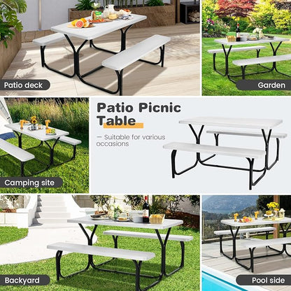 COSTWAY Outdoor Picnic Table, HDPE Plastic Picnic Table Bench Set | Weather Resistant Tabletop & Wood Texture, Ideal for Patio, Backyard (59" D x 54" W x 28.5" H,White)
