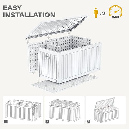 DWVO 320 Gallon Double-Wall Deck Box with Divider, XXL Extra Large Resin Outdoor Storage Box, Lockable & Waterproof, Double as Seating, 1000lbs Capacity (Grayish-White)