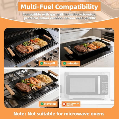 24 Inch Pre-Seasoned Carbon Steel Griddle for Stoves and BBQ Grills | Universal Flat Top Grill Plate with Anti-Scald Wood Handle, Works on Double Burner, Induction, Gas and Charcoal Grills