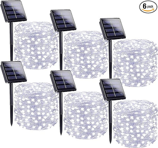Solar String Lights Outdoor, 6 Pack Each 100 LED Solar Twinkle Lights for Outside, Waterproof Copper Wire with 8 Modes Solar Fairy Lights for Garden Yard Tree Wedding Christmas Decor(Cool White)