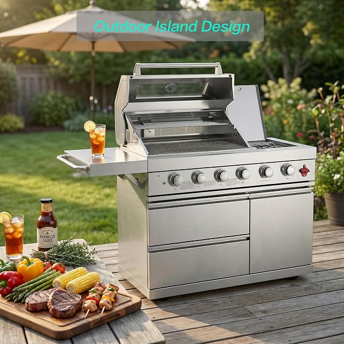 46" Outdoor BBQ Island Grill, 75,300 BTU 4 Burners + Side Burner, Infrared Rear Burner, LP/NG Convertible, Granite Top, Rotisserie, BBQ Tools, Cover Stainless Steel Outdoor Kitchen Island