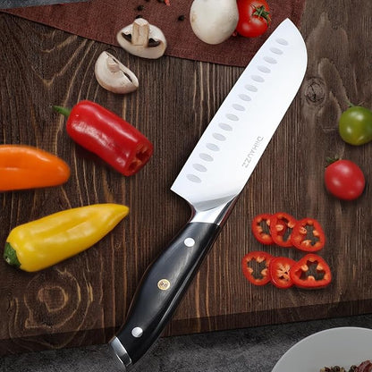 DiiHAUZZ Chef Knife, 7 Inch Ultra Sharp Japanese Santoku Knife, High Carbon Steel Forged Professional Kitchen Knife with Full Tang Triple-Riveted Ergonomic Handle for Slicing, Chopping, Dicing