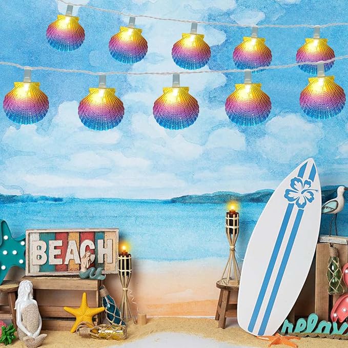 Beach Seashell String Lights - 8.3FT Ocean Themed Decorative 10 LED Seashells, Plug-in Warm White Fairy Lights for Patio, Garden, Wedding, Bedroom, Hawaii, Party, Tropical Beach Themed Decor