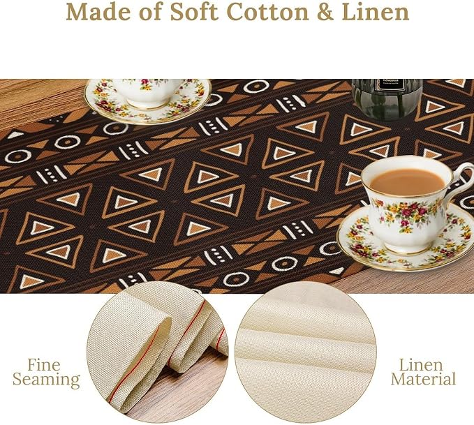 African Geometric Ethnic Table Runner Vintage Abstract African Traditional Mud Cloth Pattern Seasonal Summer Holiday Dinner Runner for Farmhouse Kitchen Dinner Table Party Decor 13x60in