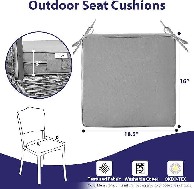IPYNBAP Outdoor Chair Cushions Set of 4 -Waterproof Outdoor Seat Cushions for Patio Furniture, Patio Chair Cushion with Handle and Ties, Out Door Chair Pads,18.5x16x3-Square, Grey