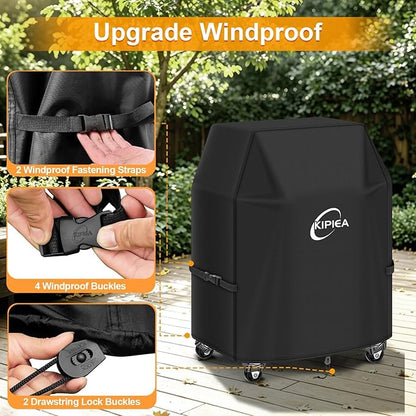 Kipiea 600D Heavy Duty Gas Grill Cover for Weber Spirit E-210/E-215, 32-Inch Waterproof BBQ Cover with Windproof Buckles – Not Compatible with Spirit II E-210, Both Side Tables Must Be Folded