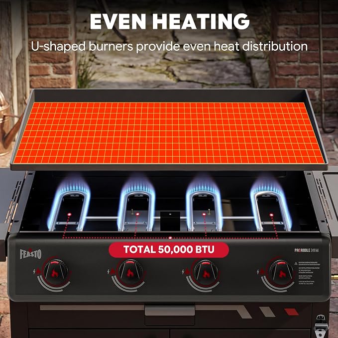 Feasto 36" 4-Burner Propane Griddle w/Side Burner, 63,000 BTU, 720 Sq.In. | Outdoor Flat Top Grill w/Grease Cup & Foldable Side Table, for Patio Backyard BBQ, Black