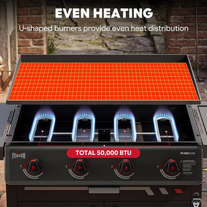 Feasto 36" 4-Burner Propane Griddle w/Side Burner, 63,000 BTU, 720 Sq.In. | Outdoor Flat Top Grill w/Grease Cup & Foldable Side Table, for Patio Backyard BBQ, Black