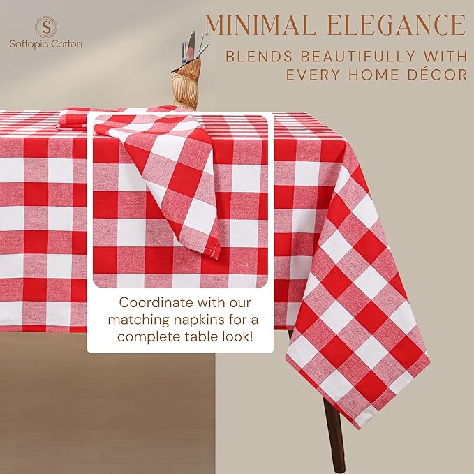Buffalo Plaid Check 52"x70" Tablecloth 100% Cotton Washable Rustic Rectangle Table Cover Decorative for Gifts, Dining, BBQ, Buffet Parties & Camping - Red