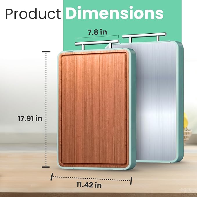 Double-Sided Cutting Board – Generously Sized Stainless Steel & Ebony Wood, Non-Slip Chopping Board with Juice Groove – 2-in-1 Cutting board for Fish, Meat, Vegetables, BBQ, Charcuterie.