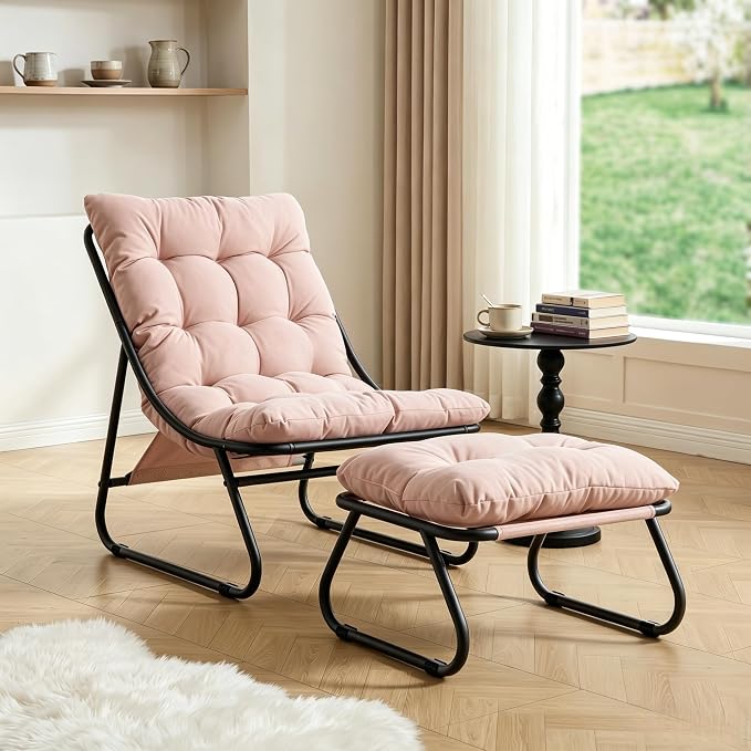Rocking Chair with Ottoman, Modern Metal Frame Outdoor Rocker, Comfy Patio Lounge Chair with Footrest, Reading Glider Chairs for Living Room, Bedroom, Balcony, Garden, Relax, Pink