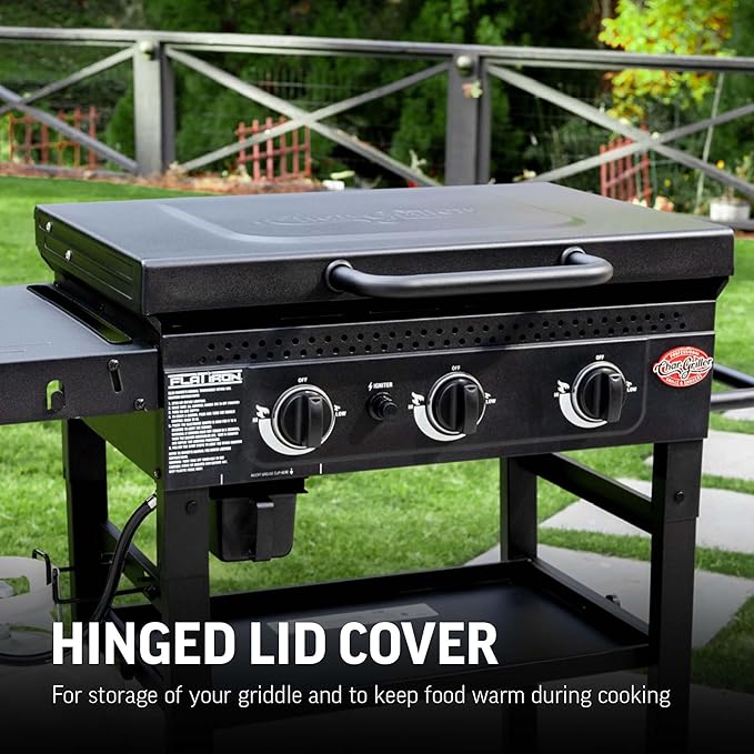 Char-Griller® Flat Iron 2-Burner Propane Gas Flat-Top Griddle with Steel Griddle Top, Wind Guards and Removable Lid, 520 Cooking Square Inches in Black, Model 8128