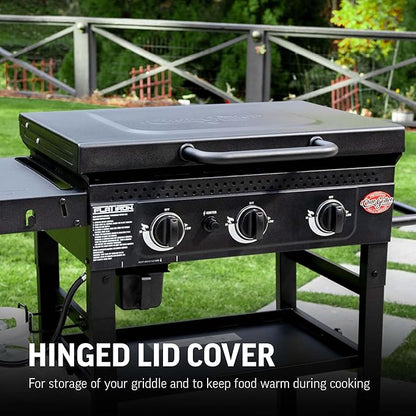 Char-Griller® Flat Iron 3-Burner Propane Gas Flat-Top Griddle with Steel Griddle Top, Hinged Lid and Wind Guards, 520 Cooking Square Inches in Black, Model 8428