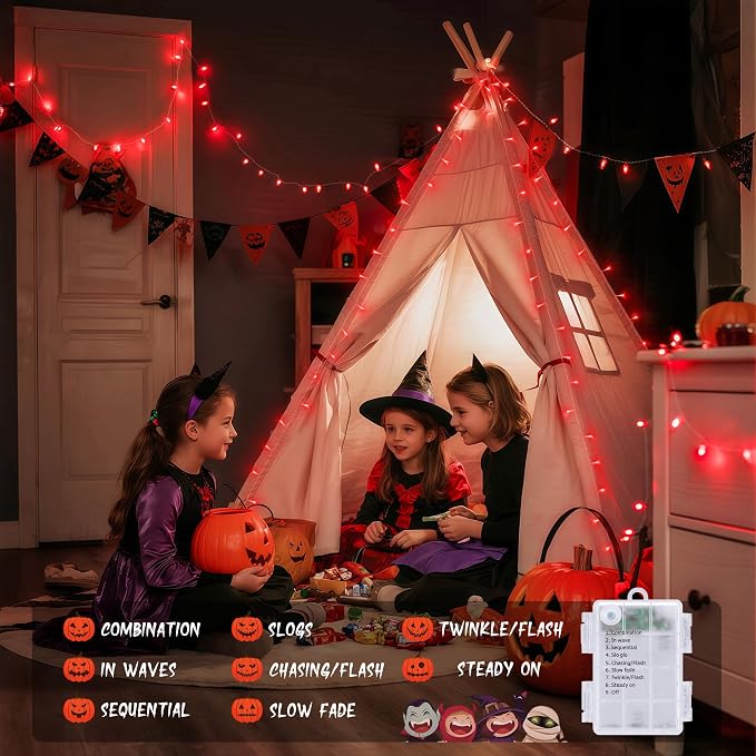 JMEXSUSS 33ft 100 LED Red Halloween Lights with 8 Modes Remote | Halloween Lights Battery Operated, Christmas String Lights Indoor Outdoor for Halloween Tree House Yard Xmas Decor