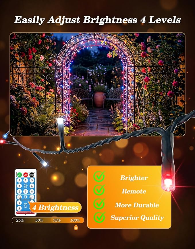 LitHome 2 Pack 4th of July Solar String Lights Outdoor Waterproof | Total 200LED 66FT Solar Powered Red White and Blue String Lights, 8 Modes Patriotic Light for Independence Day Party Decor
