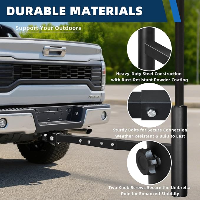 EliteShade USA Trailer Hitch Patio Umbrella Holder for 2 Inch Receiver, Heavy Duty Truck Hitch Umbrella Stand Mount for SUV, RV, Tailgate Parasol Holder for Camping, Sports, Fits 1.5"-1.9" Poles