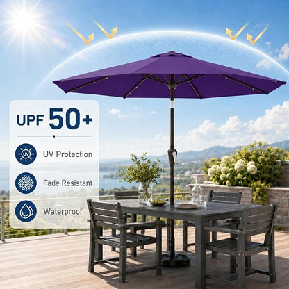 10FT Solar Patio Umbrella with Lights, Outdoor Table Market Umbrella with 32 LED Lights, 8 Sturdy Ribs, Push Button Tilt and Crank for Pool, Deck and Garden, UV-Resistant