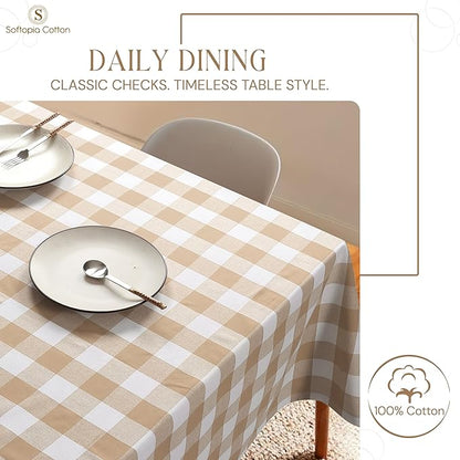Beige and White Buffalo Check Tablecloth, 52x70 Inches, Plaid Table Cover, 100% Cotton, Washable, Reusable Farmhouse Table Linen for Holiday, Thanksgiving, Weddings, Everyday Dining