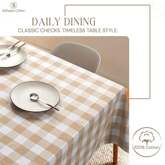 Beige and White Buffalo Check Tablecloth, 52x70 Inches, Plaid Table Cover, 100% Cotton, Washable, Reusable Farmhouse Table Linen for Holiday, Thanksgiving, Weddings, Everyday Dining