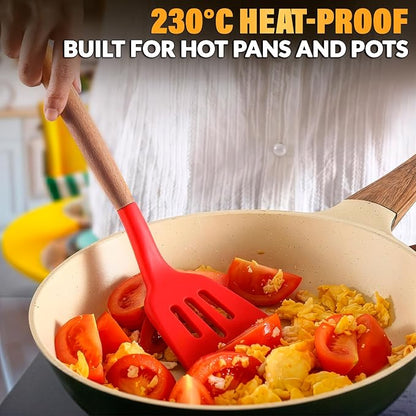 12 Pcs Red Kitchen Accessories with Holder for Nonstick Cookware | Silicone Cooking Utensils Set for BBQ; Heat-Resistant Tools with Wooden Handles for Baking, Serving, Frying, and Mixing