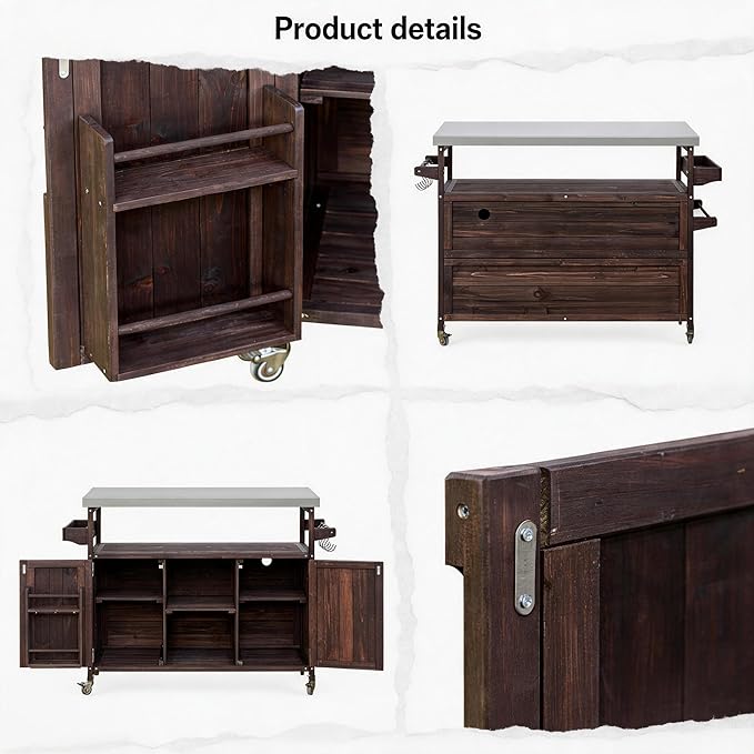 Outdoor Kitchen Island with Stainless Steel Top, Rolling Grill Cart with Storage Cabinet, Farmhouse Solid Wood Prep Station with Spice & Towel Rack for Patio BBQ.Suitable for backyards, etc.