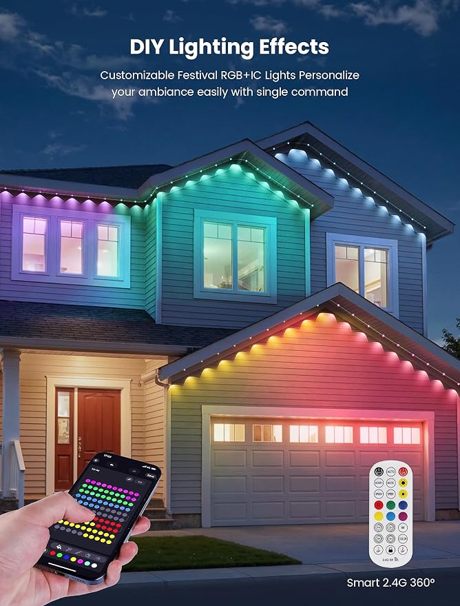 Permanent Outdoor Lights for House,100FT RGB+IC Smart Lights | 60 LEDs,App/Remote Control,IP67 Waterproof,DIY Color-Changing String Lights For Eaves,Xmas,Halloween And Party Decor