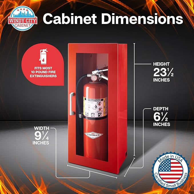 Fire Extinguisher Mount for Wall & Surface - 22 Gauge Steel, USA Made - Fire Extinguisher Cabinet Storage with Metal Handle - Indoor & Outdoor Use - 24.5H x 9.25W x 6.5D - Red