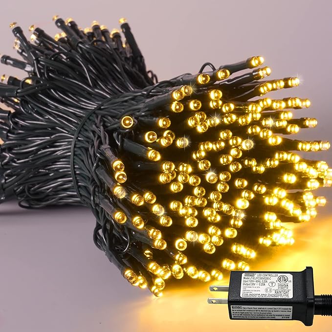 YEGUO 200 LED 66ft String Lights Outdoor Waterproof, Warm White Christmas Light Indoor, 8 Modes Green Wire Twinkle Xmas Tree Light Plug in with Memory Timer