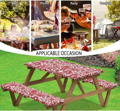 Xmas Elastic Fitted Table Cloth for Camping Party Supplies 3 PCS Set Christmas Swirl Candy Outdoor Picnic Table Cover with Bench Covers