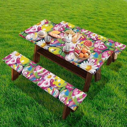 3 PCS Fitted Picnic Table Cover with Bench Cover Fitted Rectangle Tables and Seats Easter Egg Daisy Outdoor Picnic Table Cover for Camping