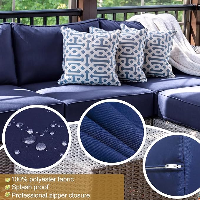 14 Piece Outdoor Patio Cushion Cover Replacement, Waterproof Patio Cushion Covers, Outdoor Furniture Cushion Covers Set for 6 Seat Wicker Rattan Sofa (Navy Blue)