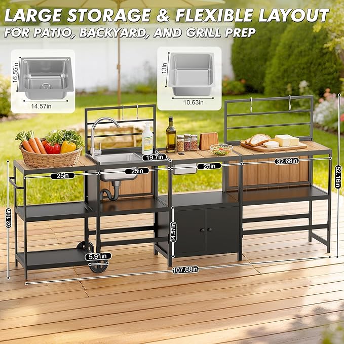LEVELEVE Modular Outdoor Kitchen Island 4-Piece Set, Aluminum Outdoor Prep Station Grill Cart with Independent Sink, Storage Cabinets & Shelves for Backyard Patio Deck