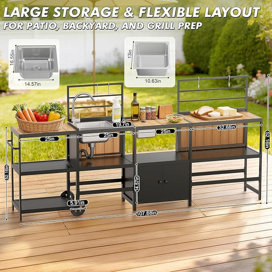 LEVELEVE Modular Outdoor Kitchen Island 4-Piece Set, Aluminum Outdoor Prep Station Grill Cart with Independent Sink, Storage Cabinets & Shelves for Backyard Patio Deck