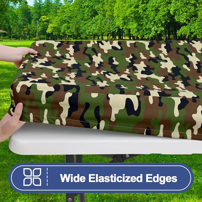 Smiry Picnic Table Cover with Bench Covers, Waterproof Elastic Fitted Tablecloth for 6 Foot Tables, Washable Polyester Camo Tablecloths for Camping & Patriotic Decor (Olive Drab, 30x72 Inch 3-pc Set)