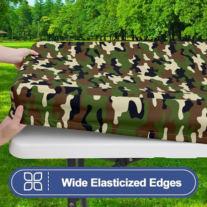 Smiry Picnic Table Cover with Bench Covers, Waterproof Elastic Fitted Tablecloth for 6 Foot Tables, Washable Polyester Camo Tablecloths for Camping & Patriotic Decor (Olive Drab, 30x72 Inch 3-pc Set)