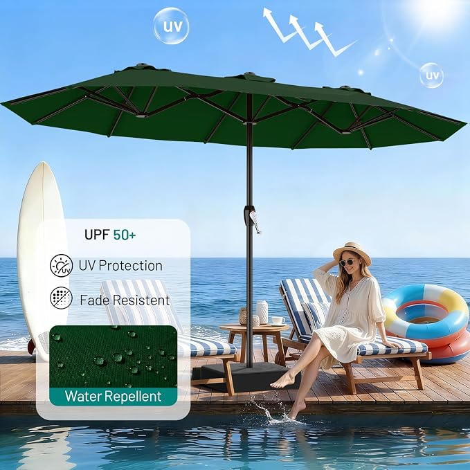 AreShark 15FT Outdoor Patio Umbrella with Crank, Large Rectangular Market Umbrella, Double-Sided Outdoor Umbrellas with Cross Base & Sandbag for Porch, Lawn, Pool, Backyard, Dark Green